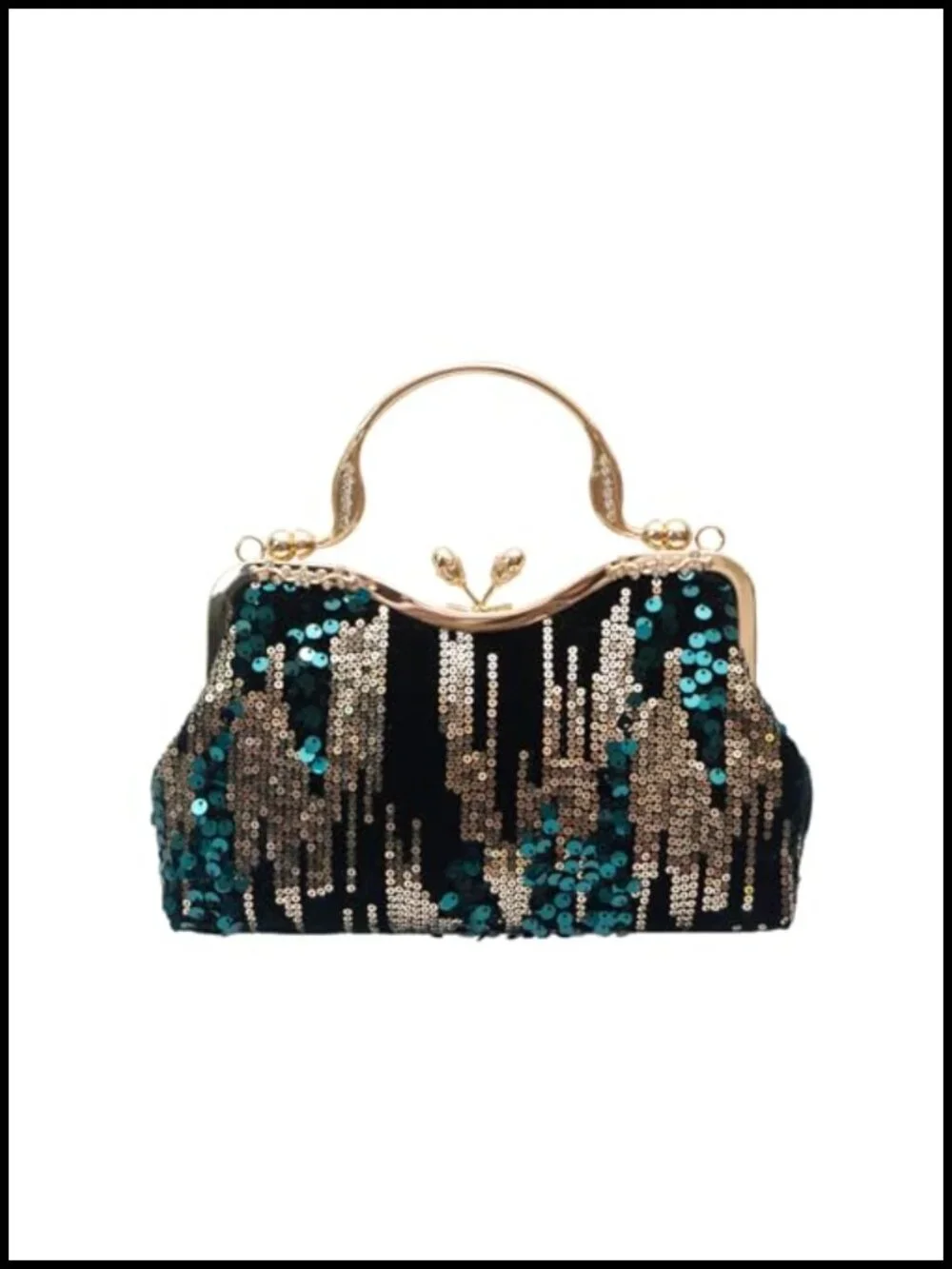 Vintage 1920s Velvet Sequin Clutch Evening Bag with Rhinestone Ring Handle